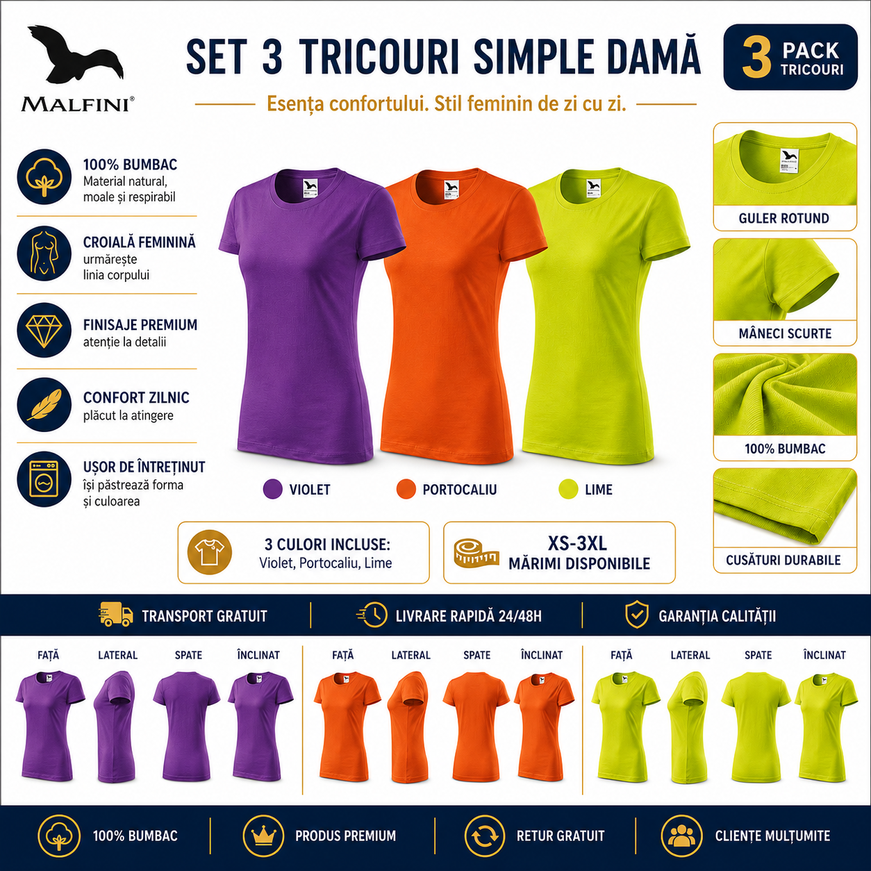 Set 3 tricouri damă 100% bumbac casual clasic violet portocaliu lime transport gratuit